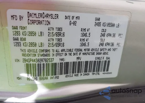 2002 Dodge Grand Caravan Sport z USA, uszkodzony, nr VIN 2B4GP44302R782537